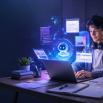 College student using AI-powered study tools on a laptop with futuristic digital dashboards, research notes, coding windows, and productivity analytics in a modern workspace.