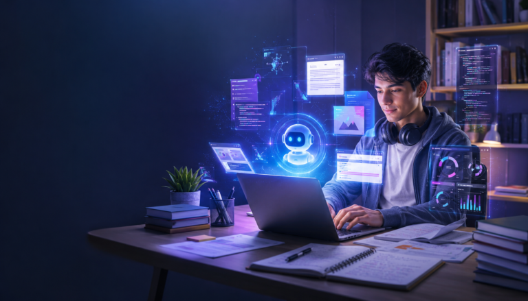 College student using AI-powered study tools on a laptop with futuristic digital dashboards, research notes, coding windows, and productivity analytics in a modern workspace.