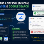 Infographic explaining how to add a favicon to an HTML website, why it appears in browser tabs but not in Google Search, and the common causes and solutions for getting a site icon displayed in search results.
