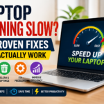 Laptop running slow with speed optimization illustration showing 15 proven fixes to improve Windows laptop performance.