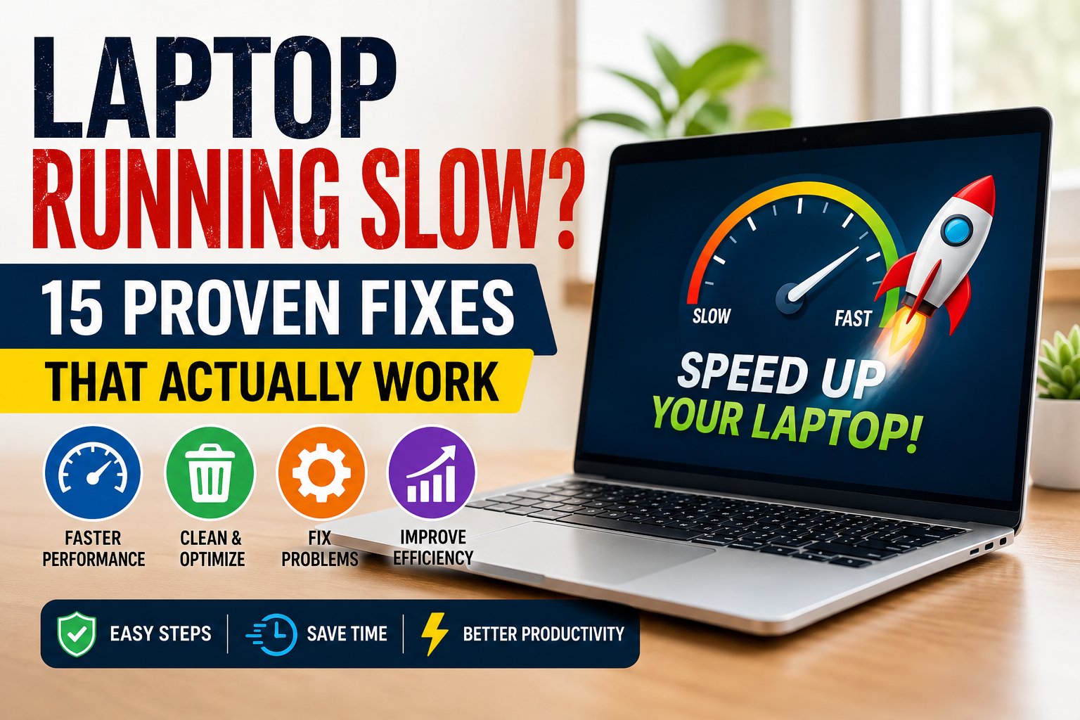 Laptop running slow with speed optimization illustration showing 15 proven fixes to improve Windows laptop performance.